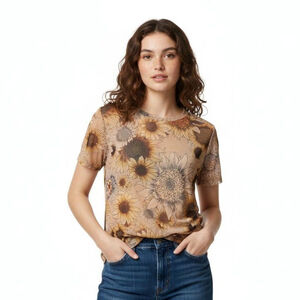 Anthropolgie Porridge Beige Brown Sunflower Short Sleeve Tee Small